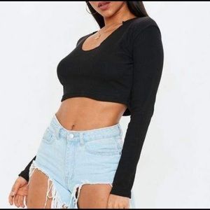 Missguided: Black, Scoop Neck, Long Sleeve Crop Top